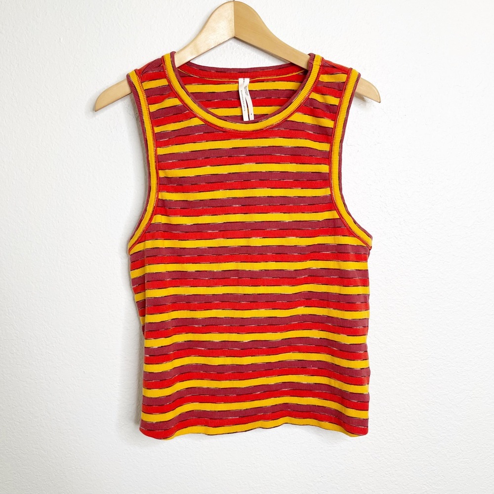 Anthropologie Womens XL Ribbed Striped Tank Top Red Orange Crew Neck Sleeveless